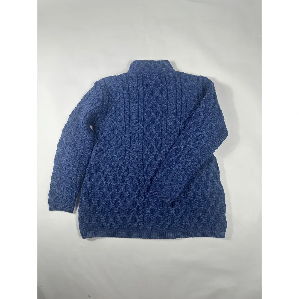 Aran Crafts Merino Wool Plated Zip Cardigan Blue Marl Womens L Made in Ireland - Picture 3 of 9